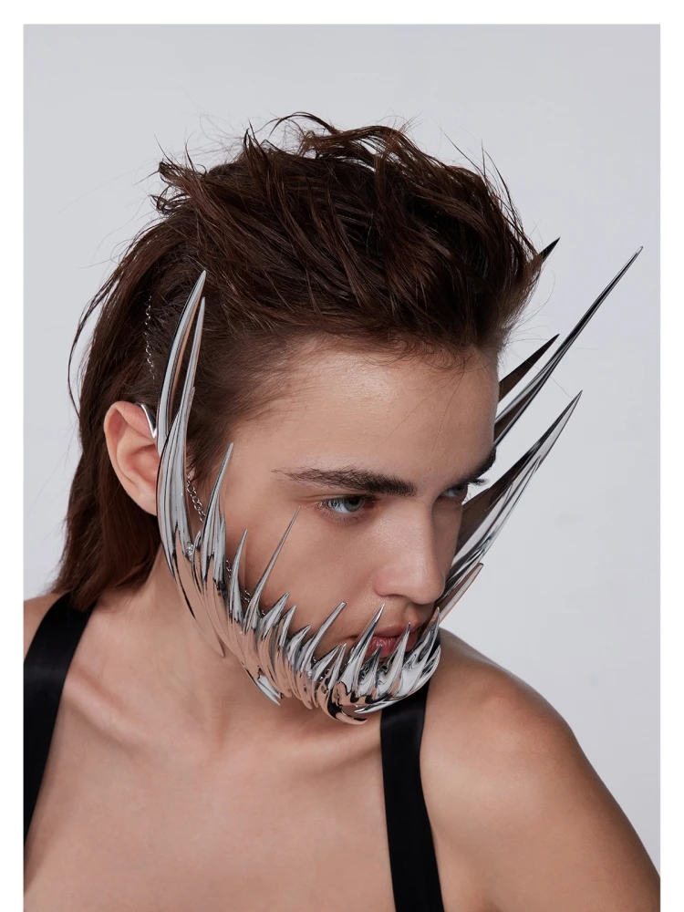 Luxury Cyber Punk Rock Mask Liquid Irregular Silver Color Hollow Exaggerate Facial Earring For Women Men Party Perform Jewelry
