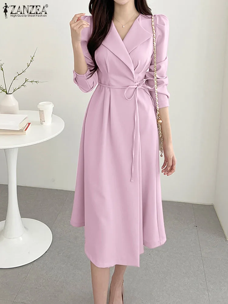 

ZANZEA Autumn Women's Dress Fashion Long Sleeve Lapel Neck Sundress Femme Solid Work Vestido Kaftan Lace Up Dresses Midi Robe