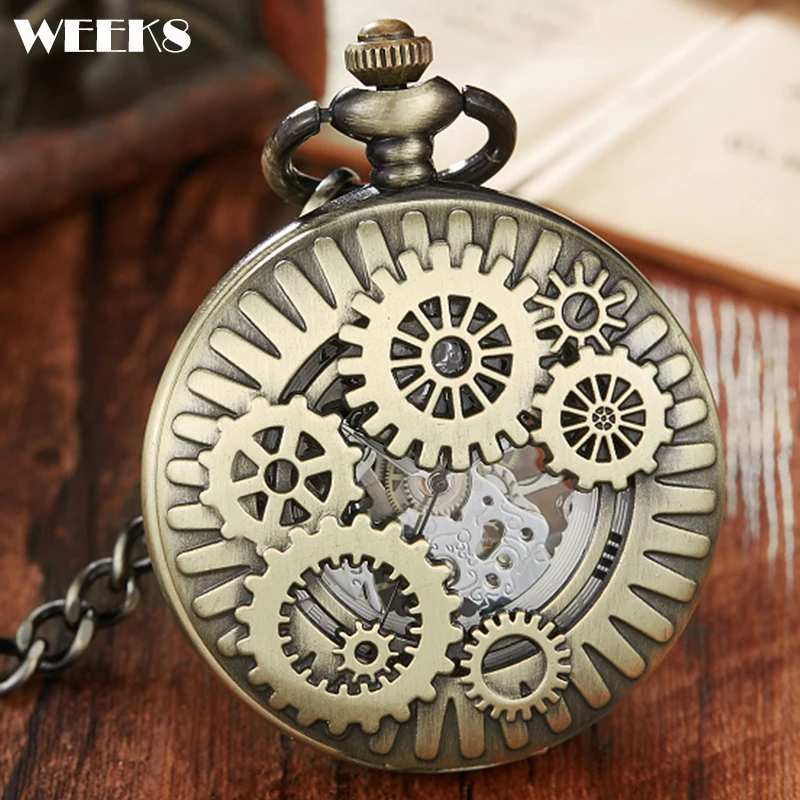 Luxury Gear Mechanical Clock Vintage Man Pocket Watch with Fob Chain Steampunk Skeleton Watches for Men Chinese Factory Pendant