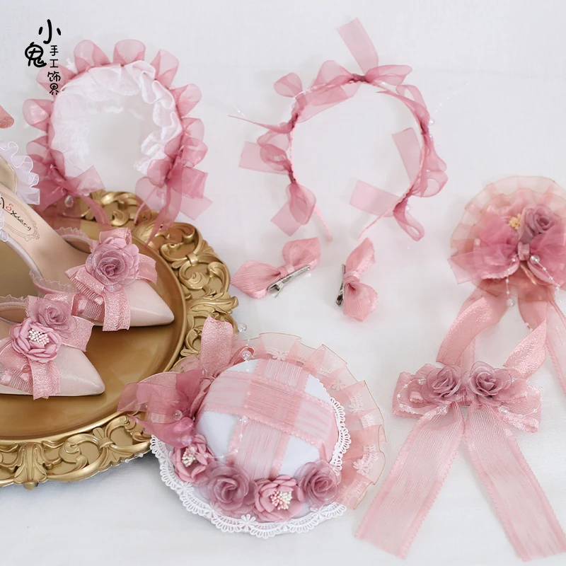 

Lolita pink purple bow tire crown edge clip to spun silk yarn hair hoop hairpin kc deep-sea hospital