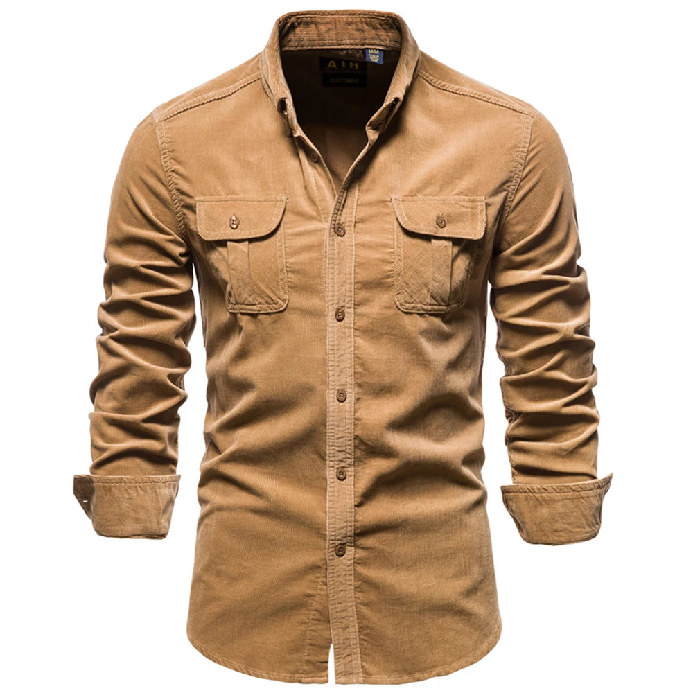 Corduroy Shirts For Man Slim Fit Streetwear Japanese and Korean Style Casual Fashion Mens Shirt Long Sleeve Business Top Shirts