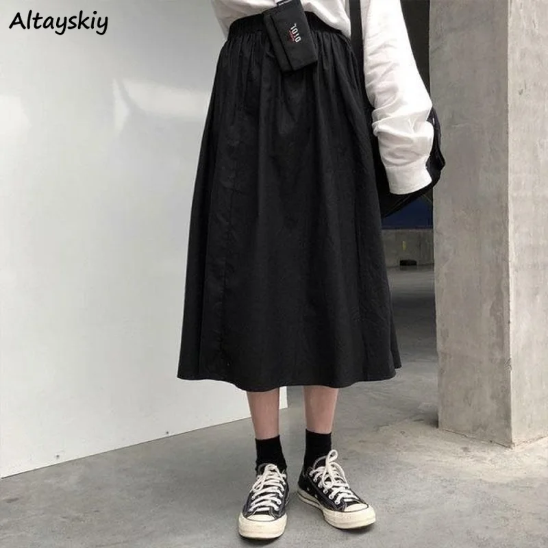 

Women Solid Black White Skirts Loose Hot Sale S-3XL High Waist Vintage Harajuku A-line Students All-match Safari Style Chic New