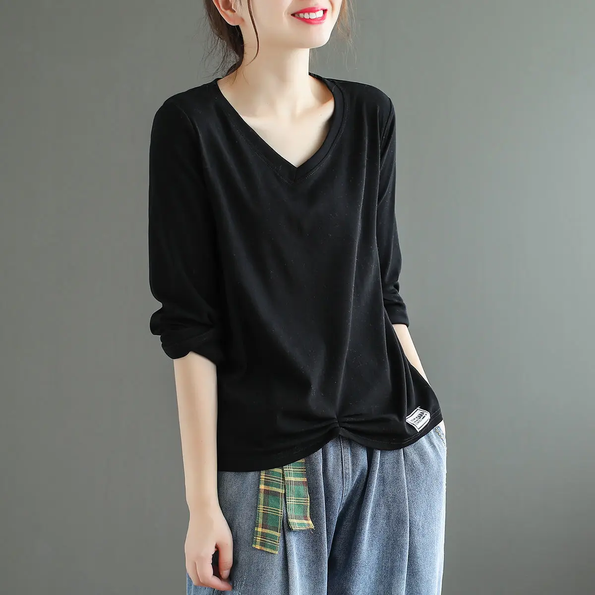 

Хлопковые футболки с длинным рукавом, рубашки для женщин с v-образным вырезом, размера плюс, топы, одежда, винтажные Свободные повседневные футболки для женщин, новинка 2023