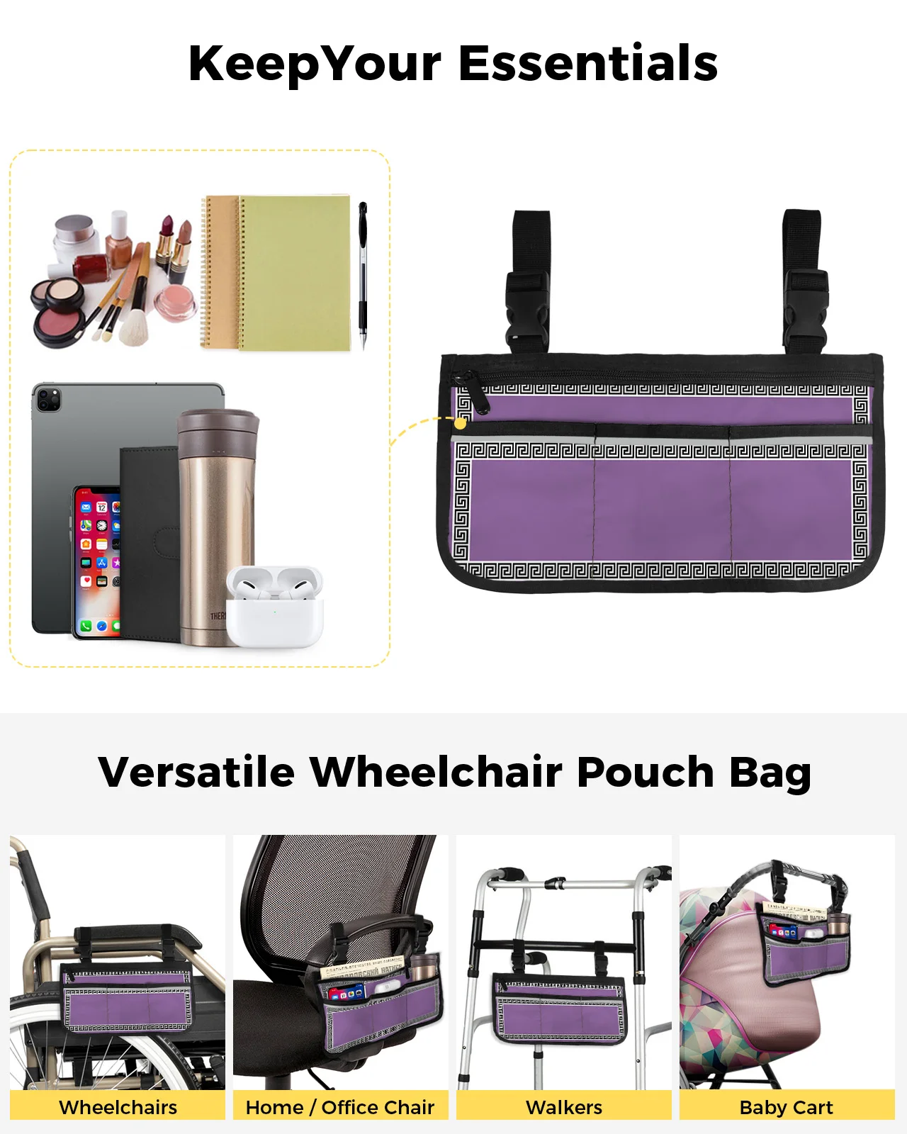 Фиолетовая Геометрическая греческая сумка для инвалидной коляски с карманами