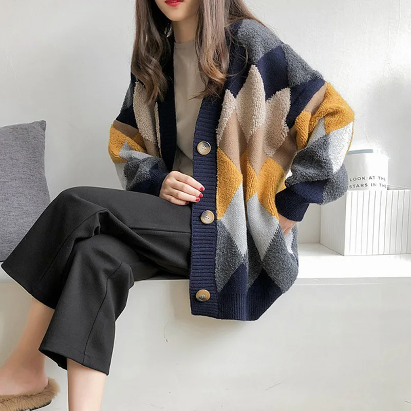 

Autumn Winter V-Neck Sweater Tops Plaid Chic Cardigans Button Puff Sleeve Checkered Oversized Coat for Women Sweaters