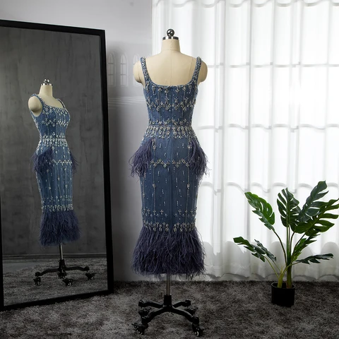Serene Hill Luxury Crystal Feathers Dubai Evening Dresses for Women Wedding Elegant Blue Lace Midi Arabic Party Gown LA71492A