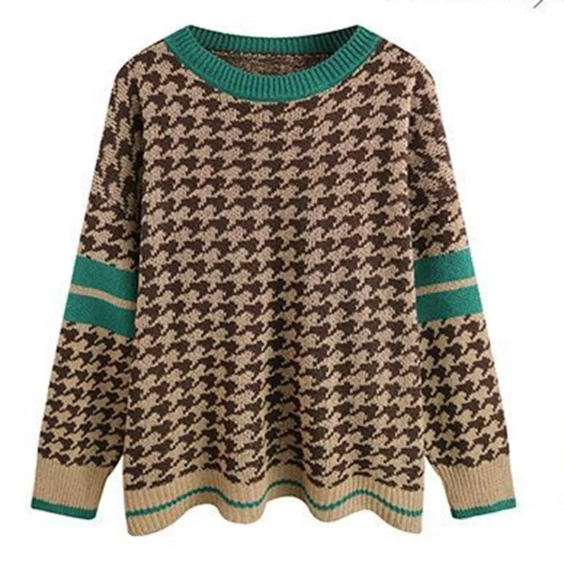 Женский креативный пуловер в полоску с круглым вырезом клетку теплый и