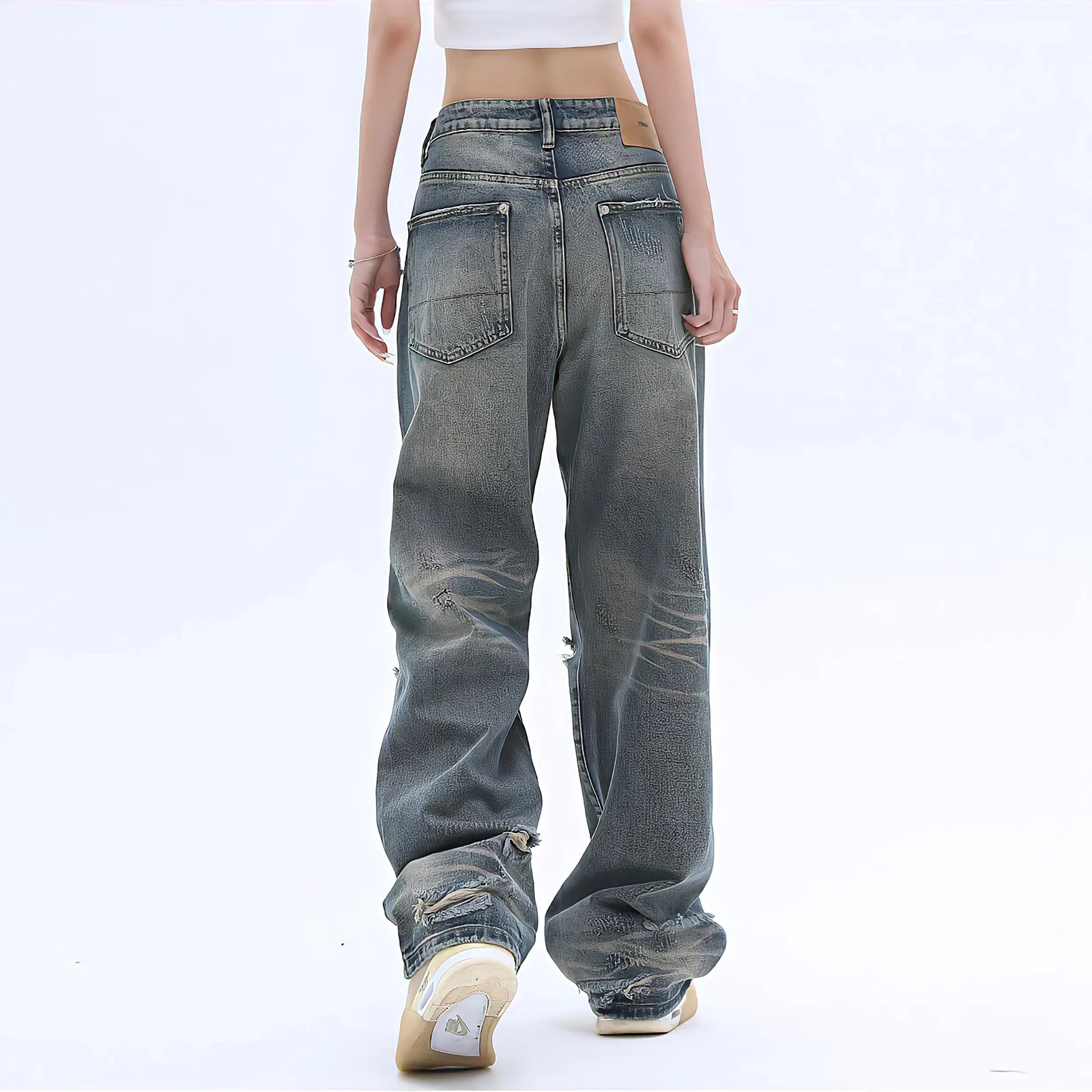 Ladies Ripped Jeans  Loose Wide Leg Pants Y2k New Washed Straight Pants Korean Retro Street Style Denim Trousers Womens Jeans