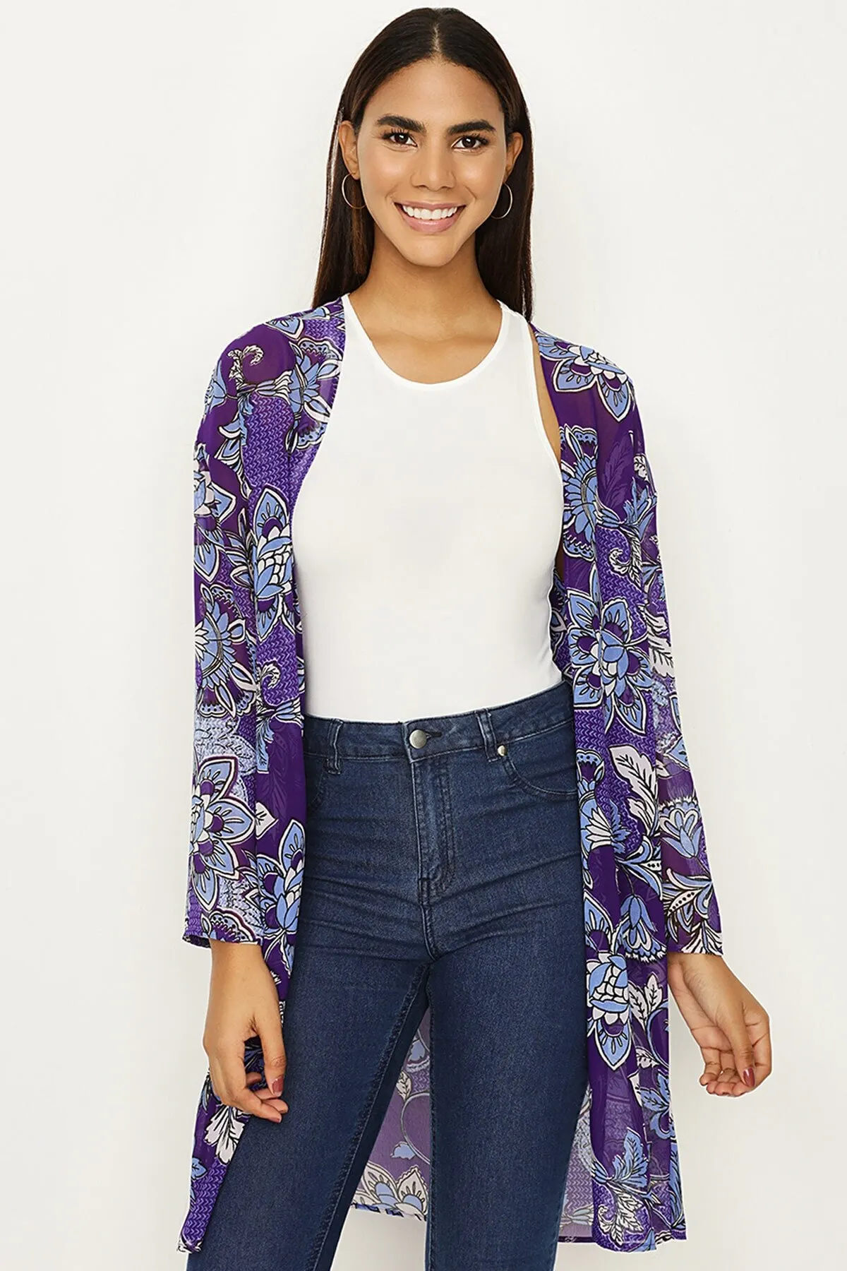 

Women's Kimono Blue Floral Print Long Sleeve Kimono Fashion Bathrobe For Ladies