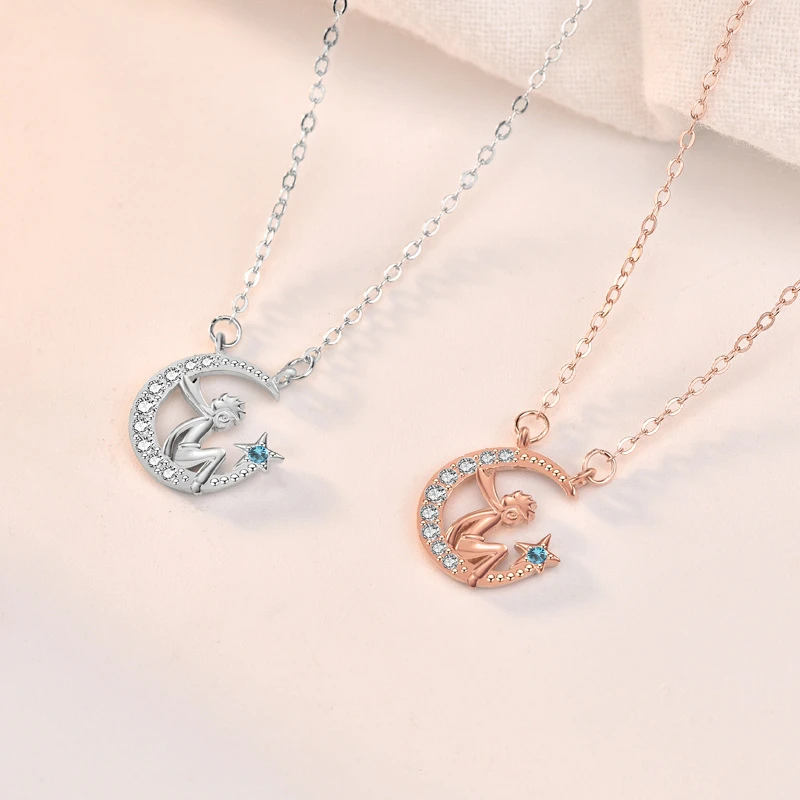 

925 Sterling Silver Pendant Necklace Female Fashion Light Of Stars And Moon Charm Jewelry Little Prince Clavicle Chain Gift