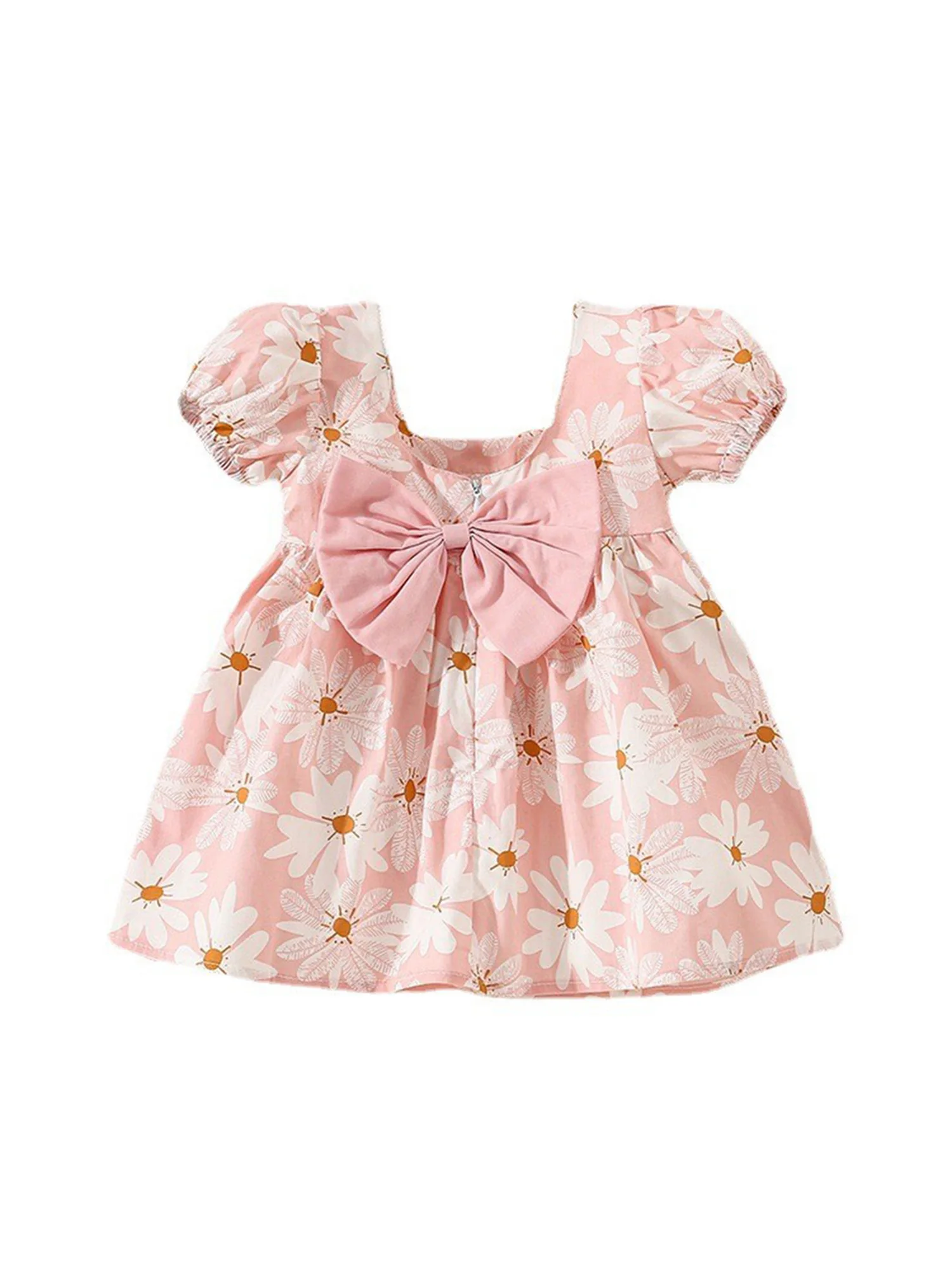 

Puff Short Sleeve Dress Toddler Baby Girl Floral Print Bowknot Dress Short Ruffle Flare Dress Infant Summer Clothes