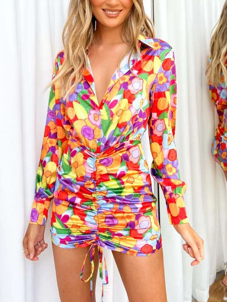 

Женское атласное платье-рубашка, Элегантное повседневное плиссированное платье мини с винтажным принтом, отложным воротником, пуговицами ...