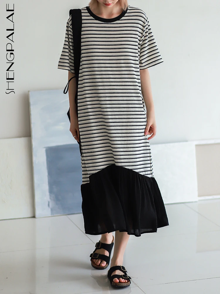 

SHENGPALAE Fashion Striped Dress For Women Simple Casual Loose Patchwork T-shirt Vestido Female Summer 2023 New Clothes 5R4899