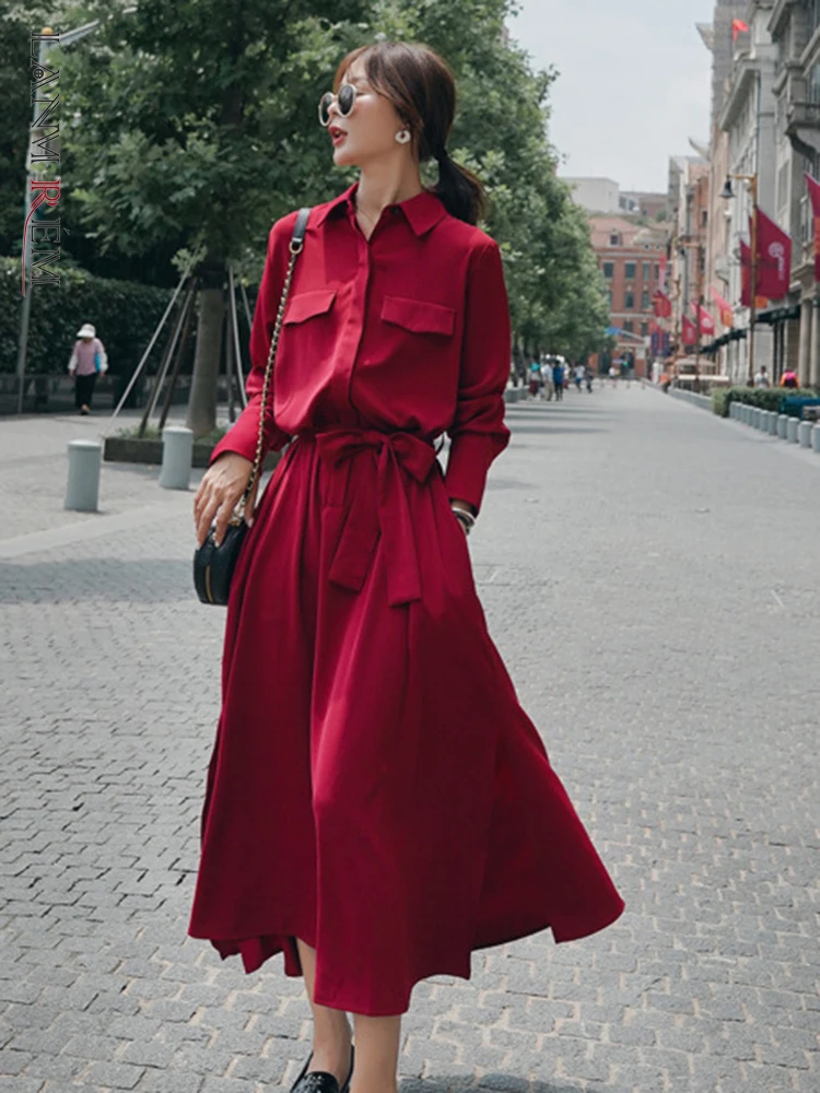 LANMREM 2022 весеннее платье для женщин с отворотом однотонное регулируемой талией