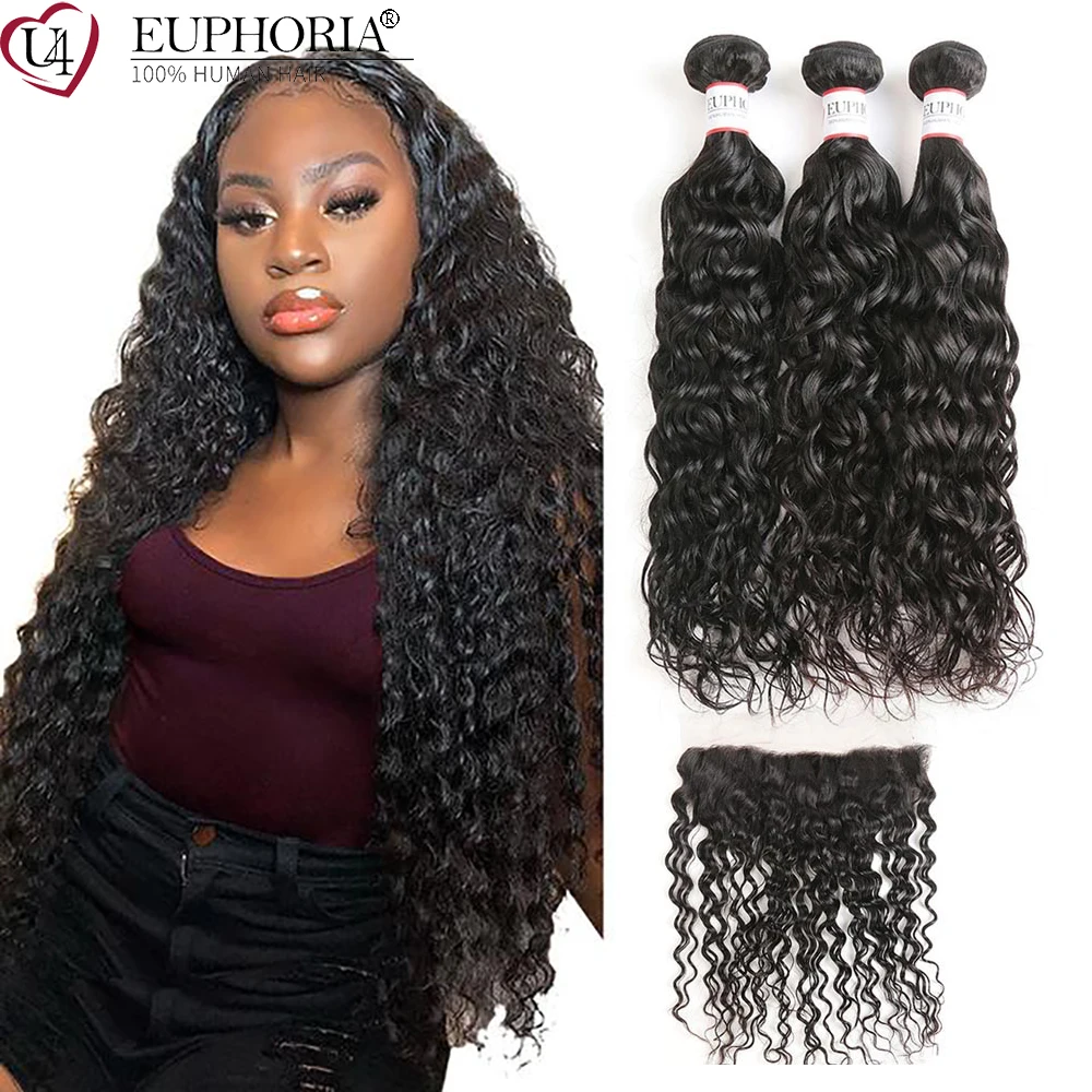 Brazilian Water Wave Human Hair 3 Bundles With Frontal Wavy Natural Color Bundles With 13x4 Lace Frontal Swiss Lace Euphoria