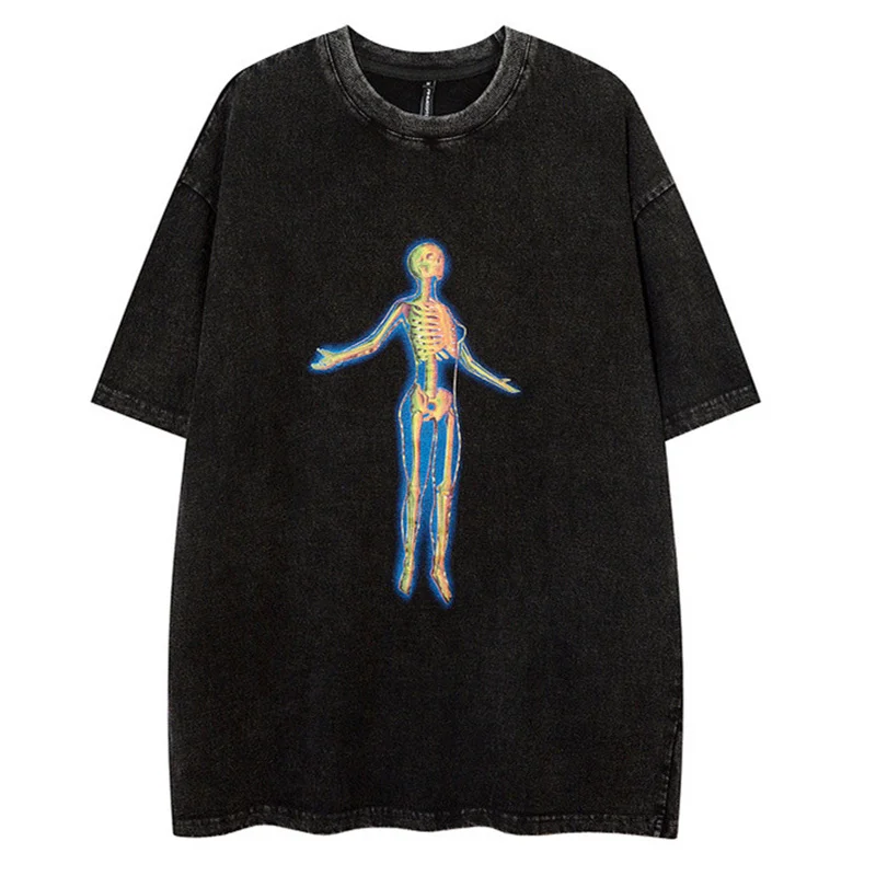 

2022 Hip Hop Oversized T Shirt Streetwear Skull Printed Gothic Punk T-shirts Summer Vintage Washed Cotton Short Sleeve Tops