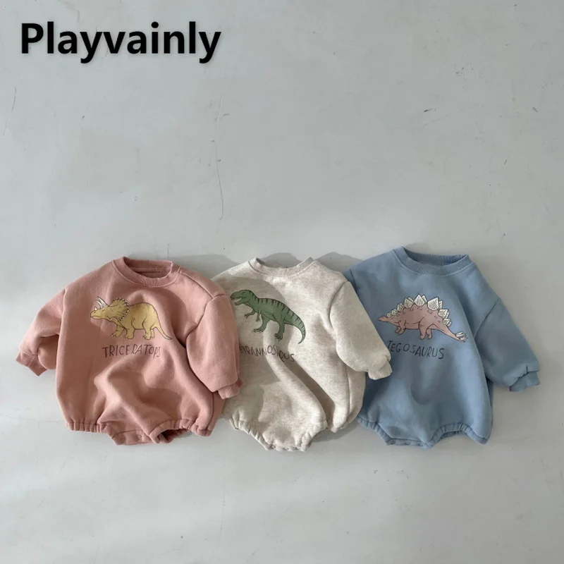 2022 New Winter Baby Girl Boy Romper cartoon dinosaur Long Sleeves Terry sweater Triangle Jumpsuit Kids Clothes E2581