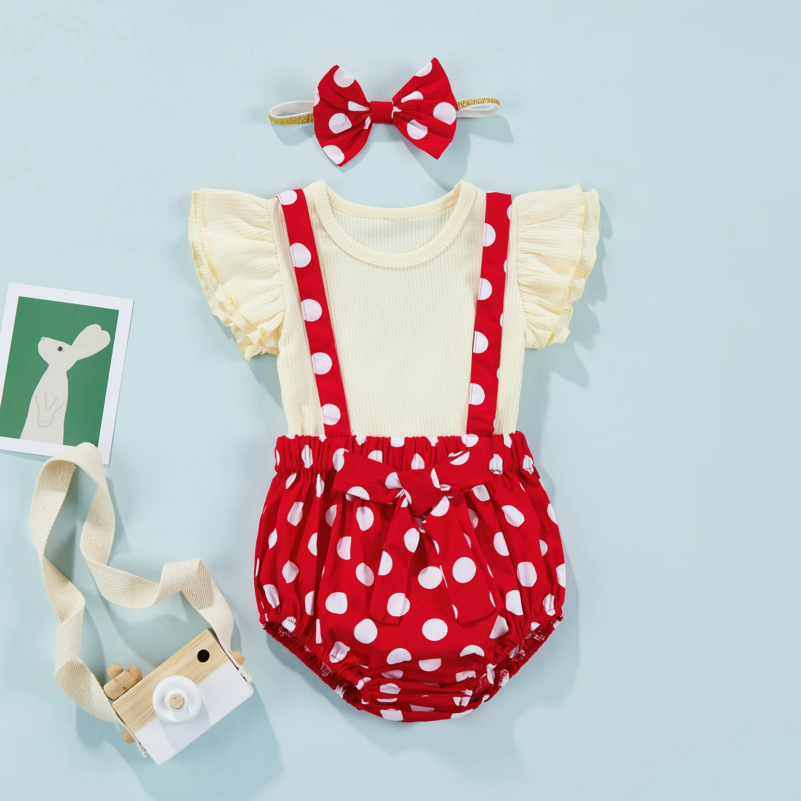 

infant Toddler Baby Girl Clothes Set Ruffles Short Sleeve T shirts Dot Red Shorts Overalls Outfits Costumes D35