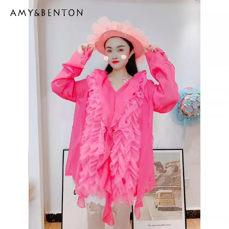 Блузка женская сетчатая с оборками свободная приталенная рубашка в западном