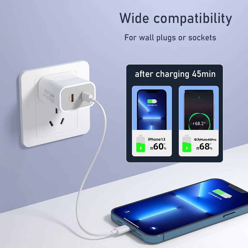 Фото Двойное зарядное устройство USB Type C 40 Вт поддержка PD 20 Вт портативный адаптер для быстрой зарядки для iPhone 13 12 Pro Max Mini 8 Plus №2