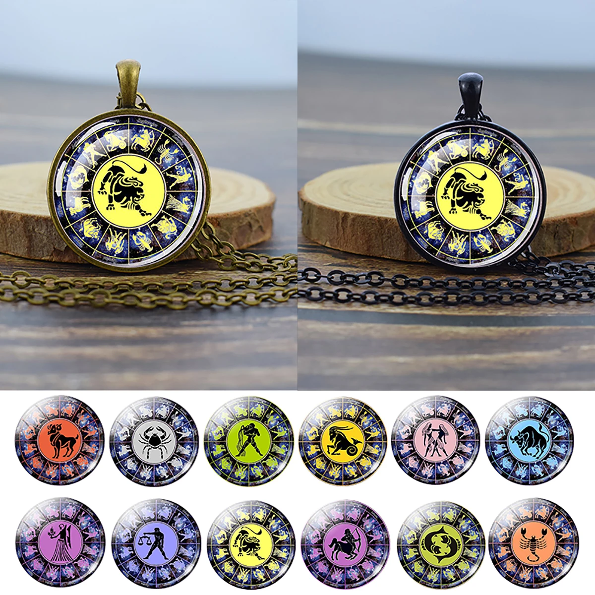

Vintage Colorful 12 Constellation Glass Crystal Pendant Necklace Zodiac Jewelry Black / Copper Chain Necklace