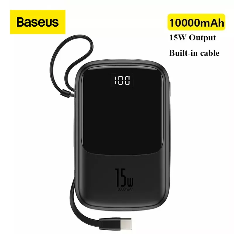 

Baseus Power Bank 10000mAh Built-in Type C Cable 3A 15W Powerbank Phone Charger Digital Display Poverbank Mini Portable Charger