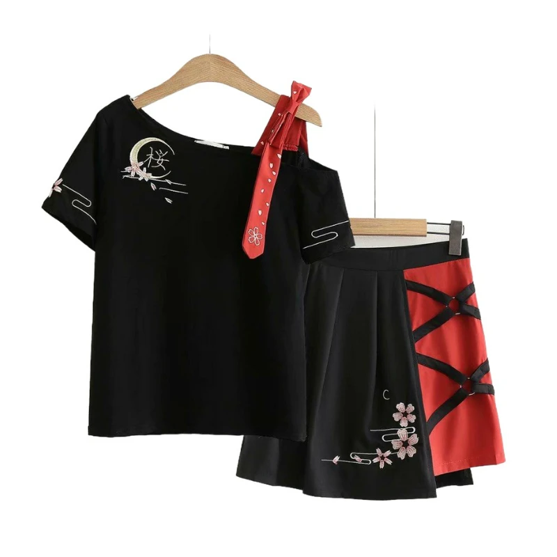 

2 Pcs Set Womens Outfit Summer Japanese Style Embroidery Off Shoulder Halter Black T-shirt + Pleated Mini Skirt Set Girls Suits