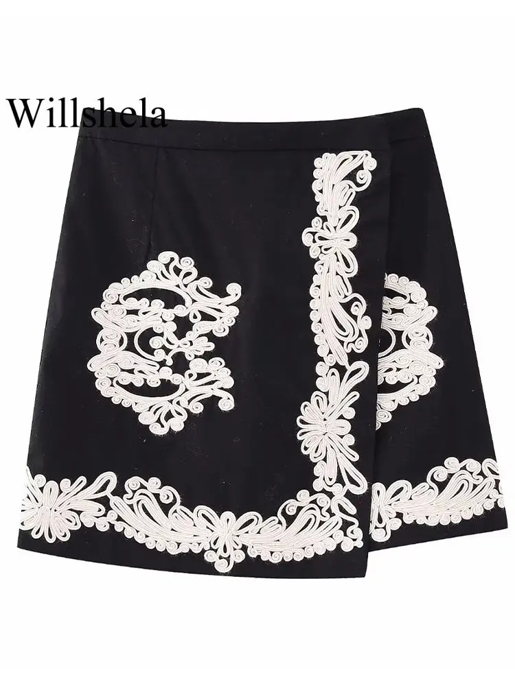 

Willshela, женская мода, вышивка, принт, скрытая пуговица, мини юбки, винтажные, высокая талия, женские, шикарные, женские короткие юбки