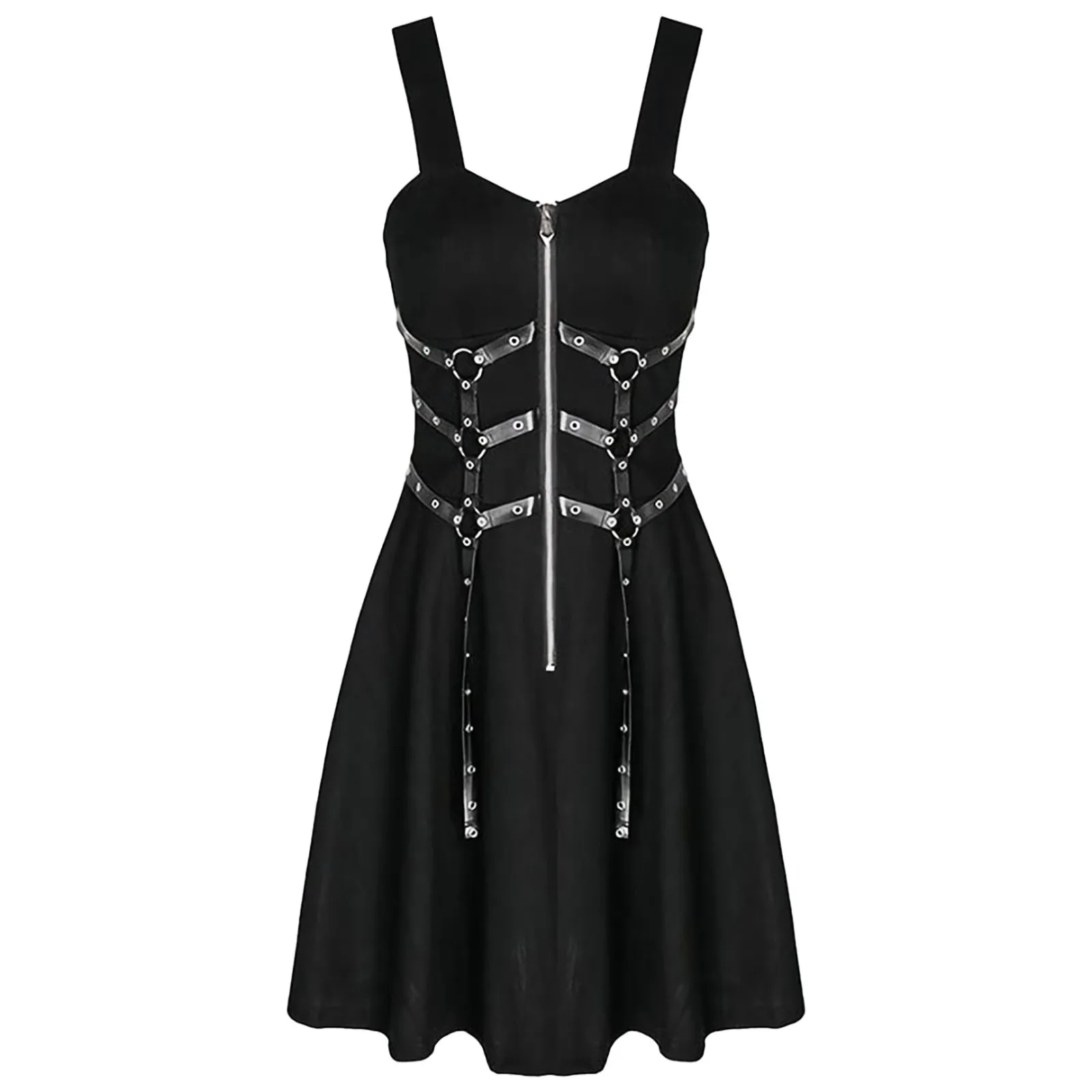 

Gothic Buckled Lace Up High Low Midi Dress High Waist Sweetheart Neck Asymmetrical Half Zip Sleeveless Party Punk Dress