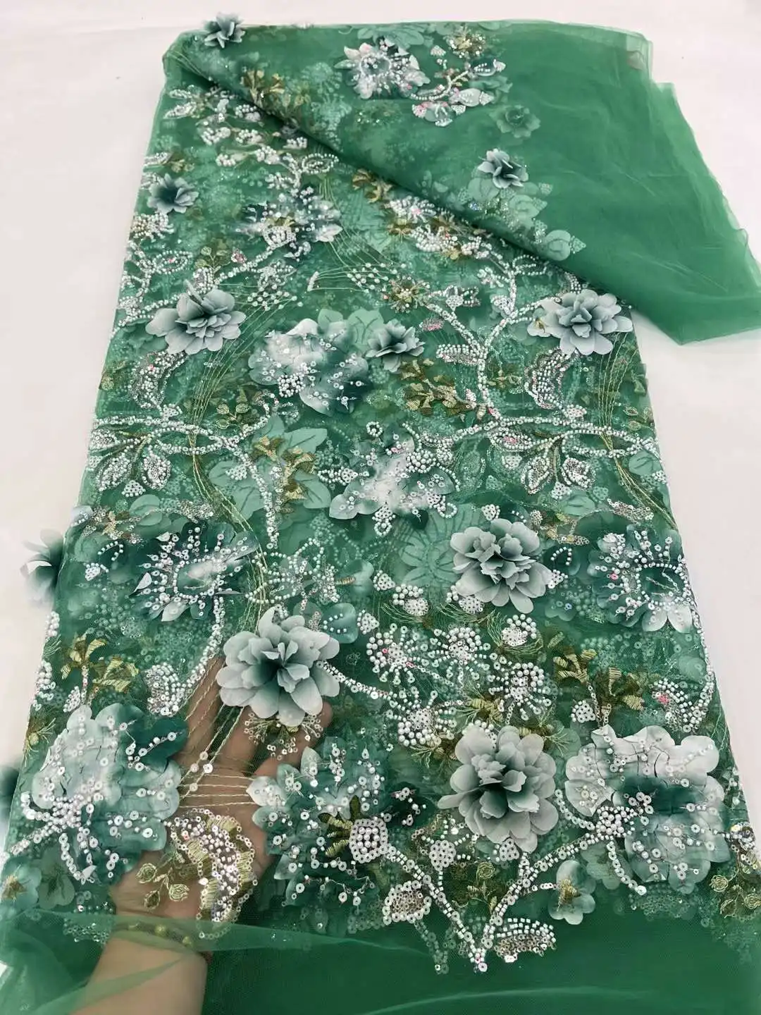 Модная французская сетчатая 3D Цветочная Вышивка Бисером кружевная ткань с