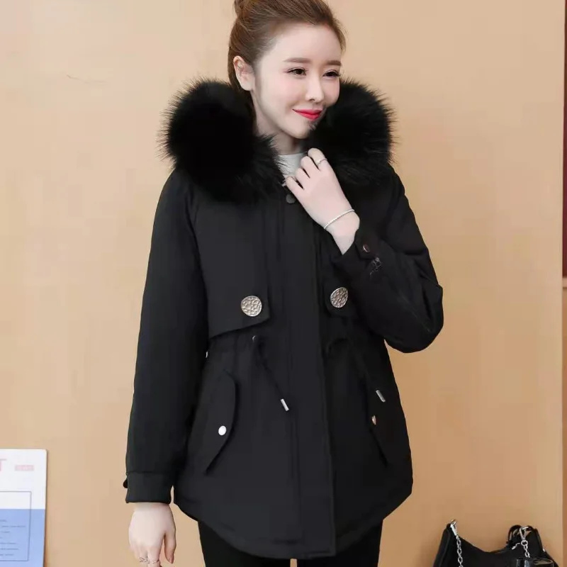

New Winter Jacket Women Parka Fashion Coat Wool Liner Hooded Parkas Loose with Fur Collar Warm Snow Wear Padded Clothes E755