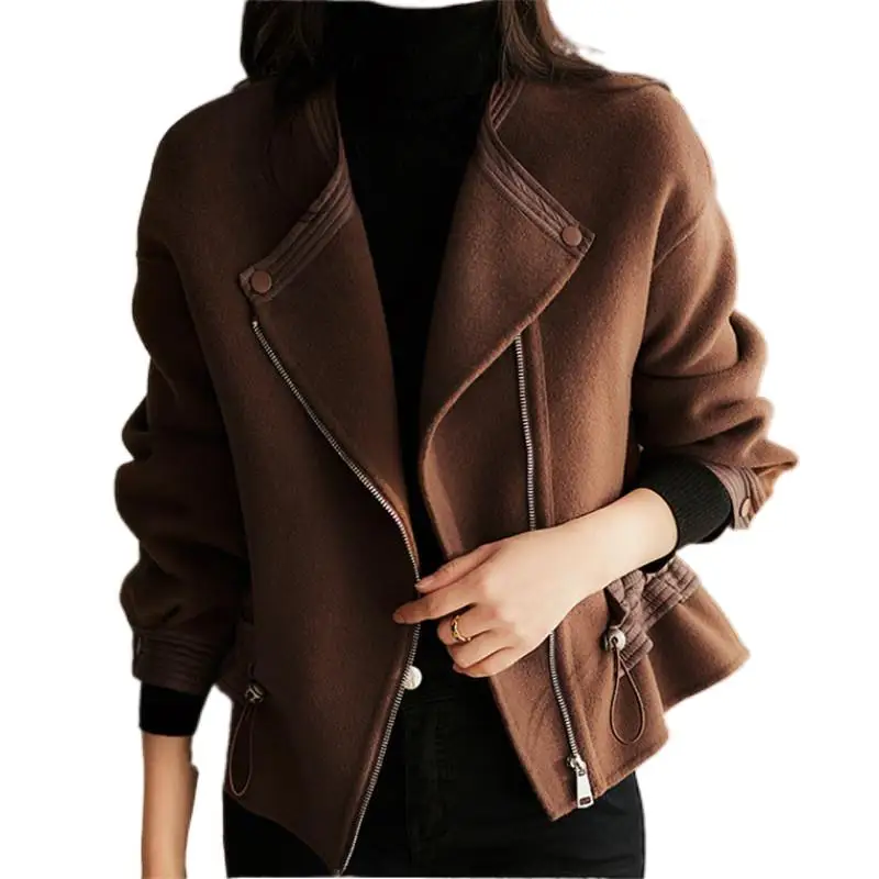 Real Wool Patchwork Genuine Leather Coat Jackets Women Female Sheep Skin Leather Drawstring Short Overcoats Zipper Outwear