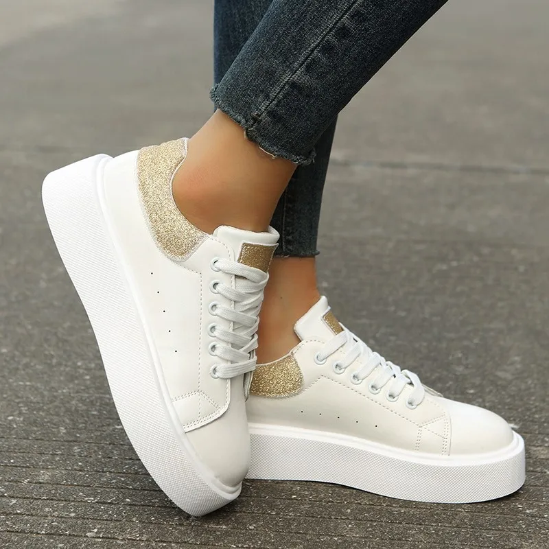 Women's Vulcanized Shoes Thick Sole Casual Flat Shoes 2023 Autumn New High Quality Lace up White Shoes Sports Shoes