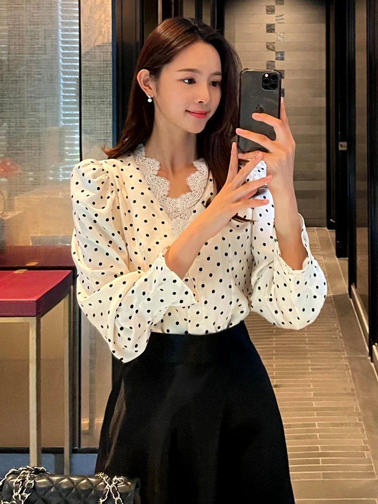 Женская шифоновая рубашка с длинным рукавом винтажная офисная принтом в горошек