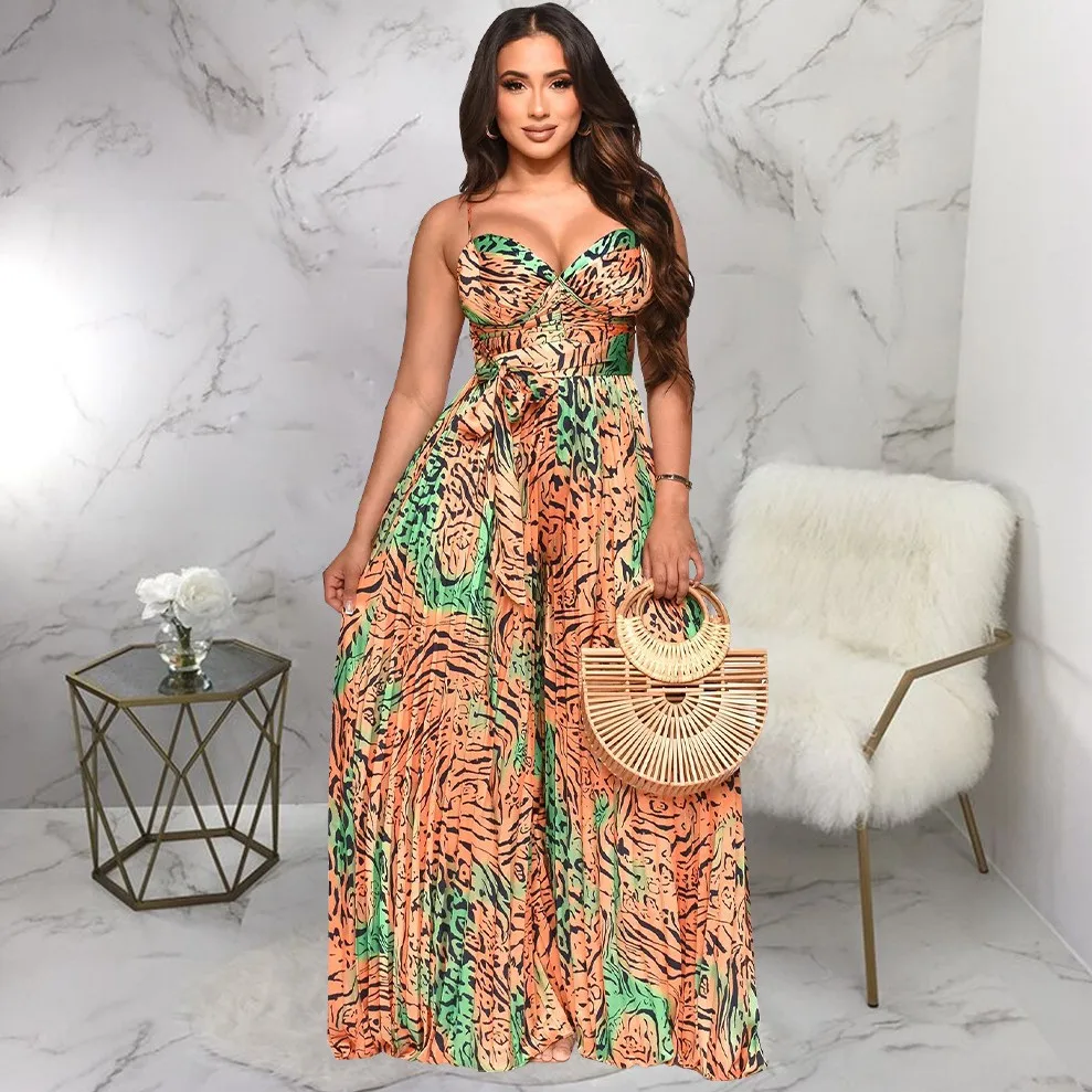 

African Jumpsuit For Women 2023 Spring Summer New Ladies Shoulder Strap Sleeveless Ankara Trousers Fashion Robe Jumpsuit