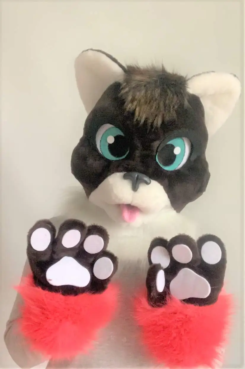 Furry Husky Dog Mascot Costume Accessories Dark Brown Cat Fursuit Head for Kids 9-15