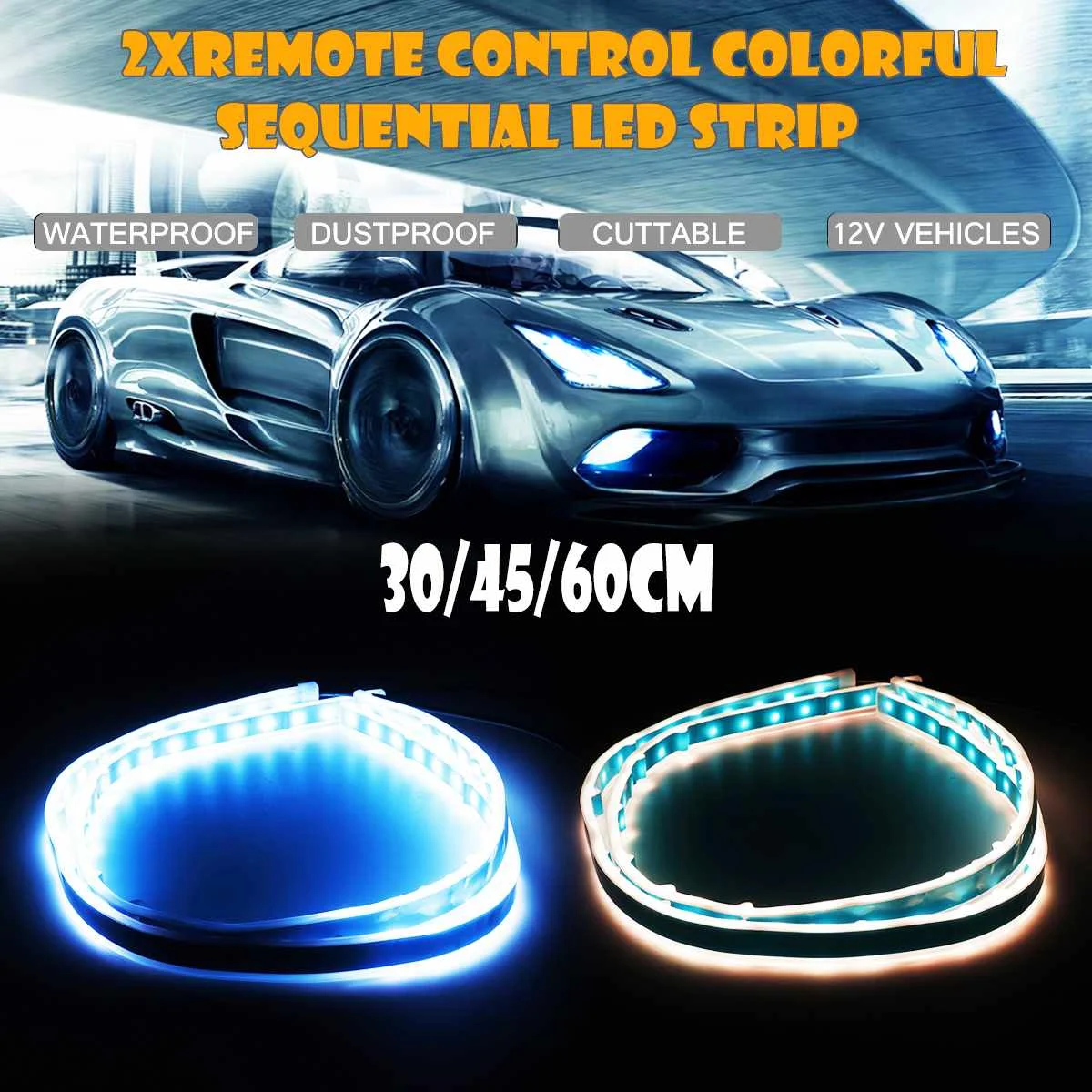 

Pair LED Dynamic Car Decorative Light Strip Ultrathin Remote Control DRL+Turn Signal Light 7 Colors Cuttable Atmosphere Lamp
