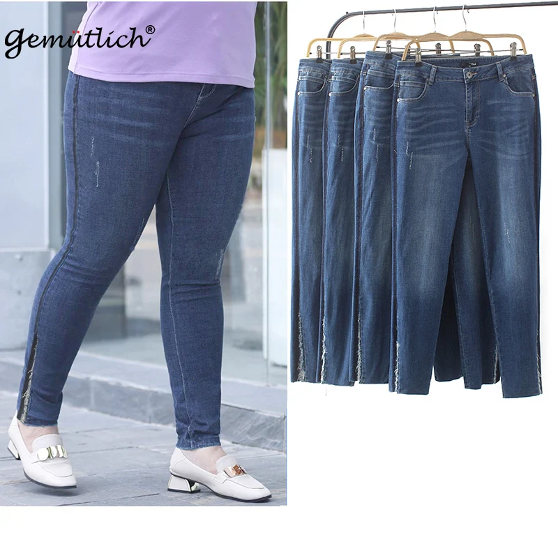 

Gemutlich Plus Size Women Denim Pencil Pants Skinny Big Size High Waist Trousers Split High Elasticity Jeans Size 48 50 2022 New