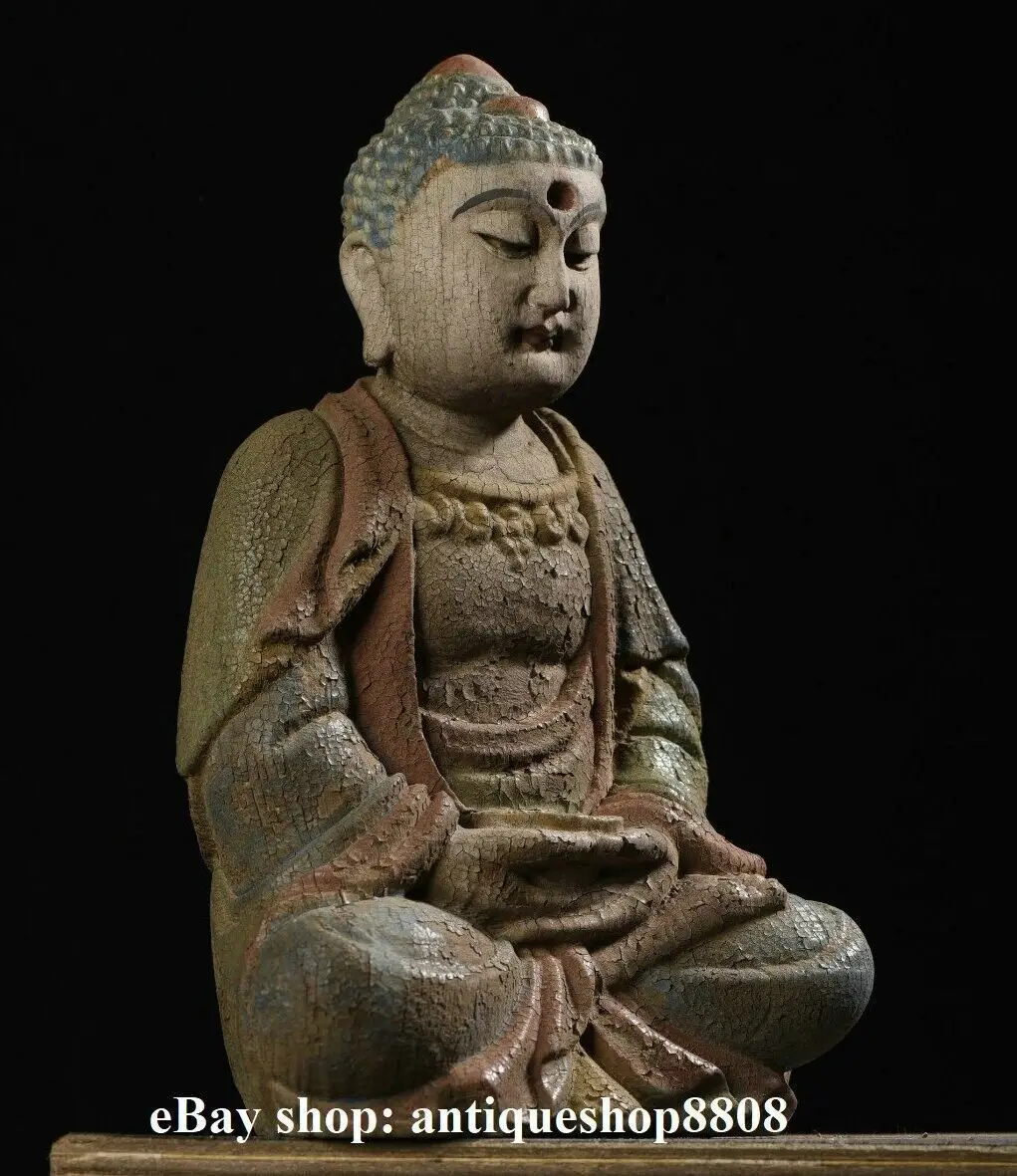 Фото 9-дюймовая старая тибетская буддийская резная статуя Будды Шакьямуни Амитабхи Шакьямуни №4