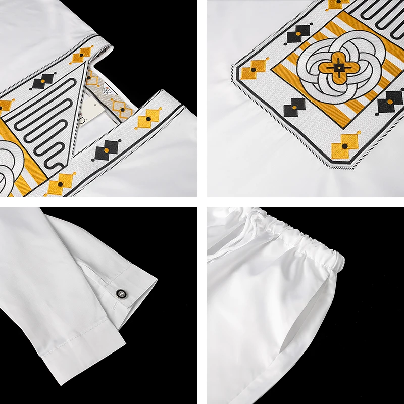 H&D New African Tradition Clothes For Kids Boys White Long Sleeve Tops Embroidery Dashiki Robe Shirt Pant Child Set 3 PCS