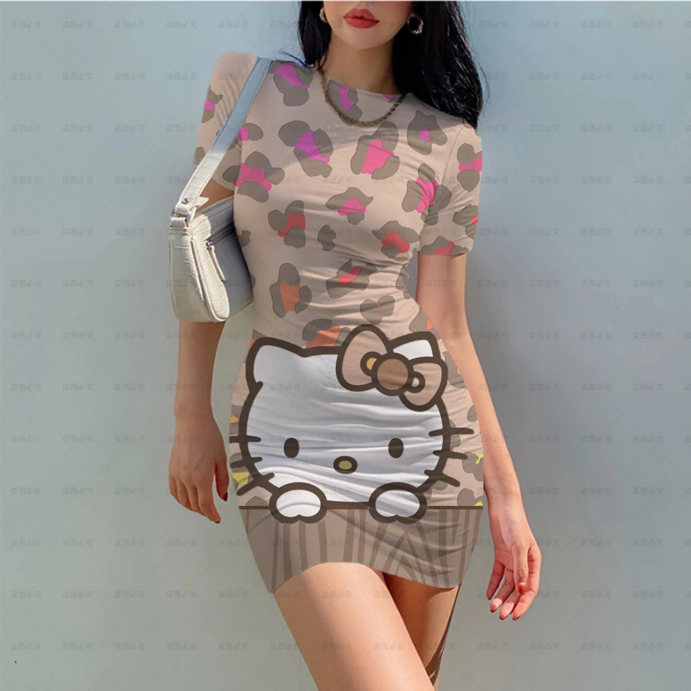 

Женское мини-платье с коротким рукавом, круглым вырезом и принтом Hello Kitty