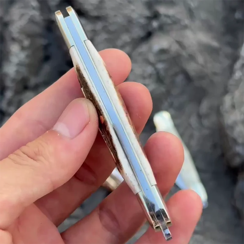 Фото Складной нож с рукояткой из рога/коровьей кости, сталь 440C, для активного отдыха, кемпинга, портативный карманный инструмент для осмотра. №4