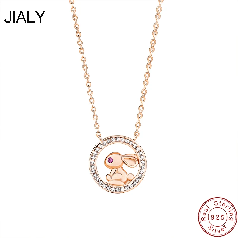 

European S925 Sterling Silver Necklace CZ Round Circle Rabbit For Women Birthday Party Gift Jewelry