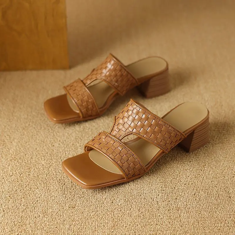 Мюли женские из воловьей кожи на толстом каблуке без застежки