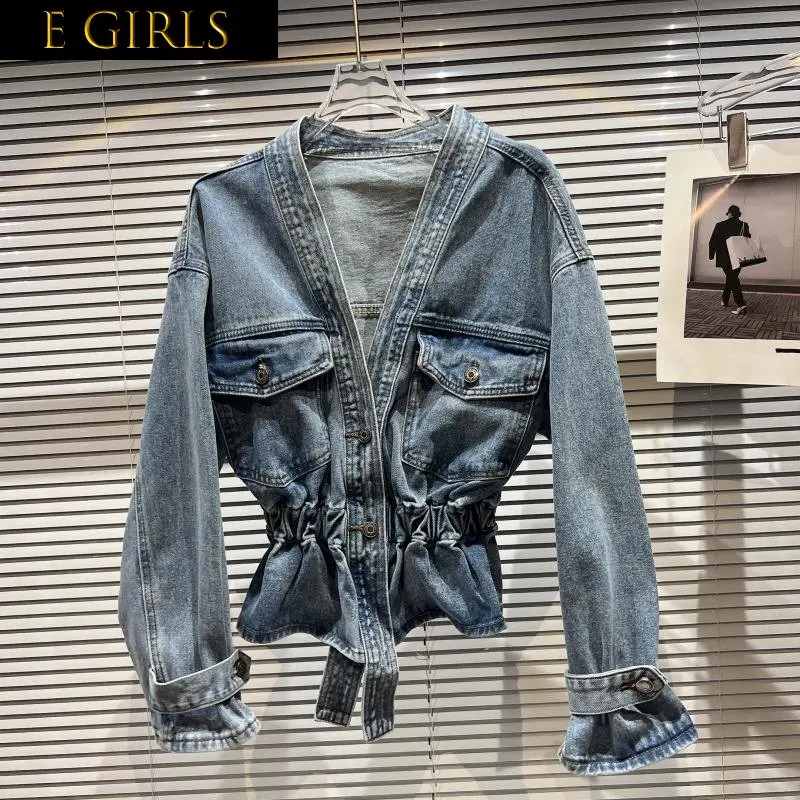 J GIRLS 2022 Autumn New Arrivals Long Sleeve V Neck Double Pockets Slim Stretch Waist Blue Denim Jacket Women Coat GG228