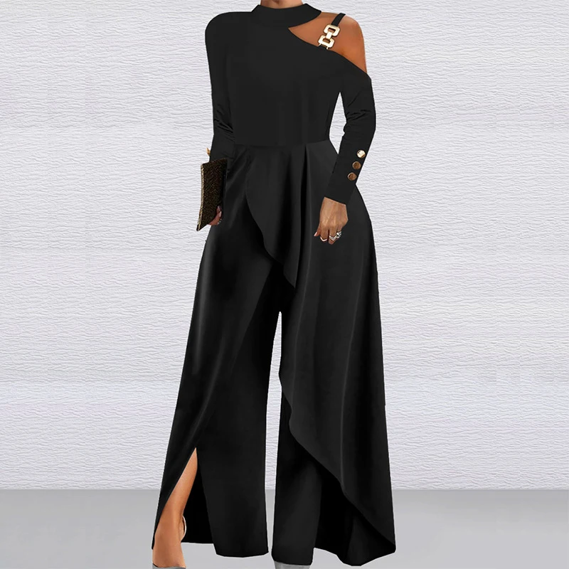 

Women's O-neck Hollow Off Shoulder Jumpsuit Autumn Long Sleeve High Waist Wide Leg Romper Casual Loose Solid Commuter Playsuits