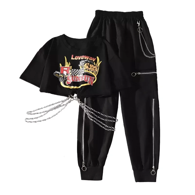 

New2022 Loose Cargo Pants Female Handsome Chain T Shirt+Cargo Pants Letter Printed Zipper Chain TWO Piece Set Pants Women
