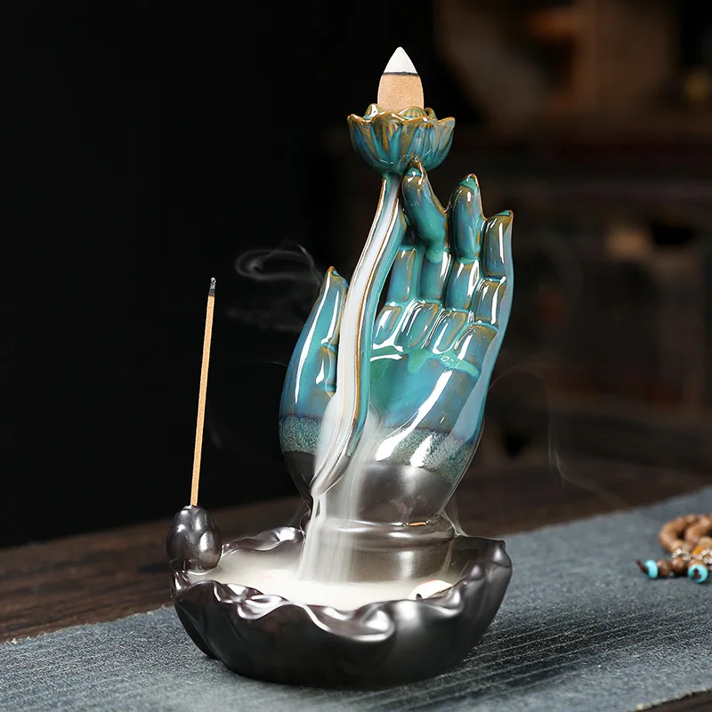 

Zen Buddha Hand Incense Burners Backflow Incense Burner Holder Lotus Home Decor Joss Stick Aroma Tower Censer Living Room Decor