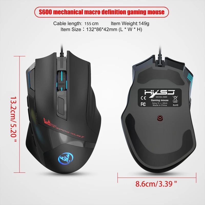 R2LB Portable Wired Mouse Ergonomic Design 6 Kinds RGB Light 7200dpi Computer Gaming Mouse Office Home for Male Female