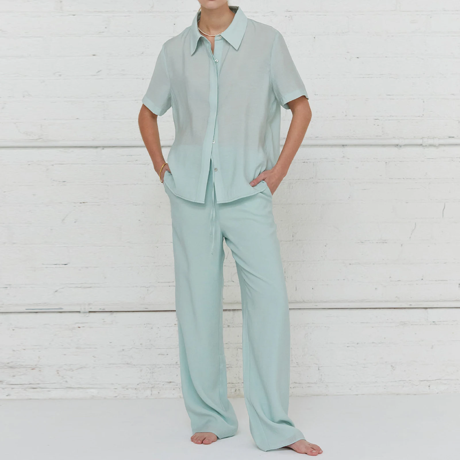 

Women Short Sleeve Shirt & Pant Suit Stylish Sheer Shirt & Wide Leg Pant Solid Color Soft Casual Aesthetic Outfits